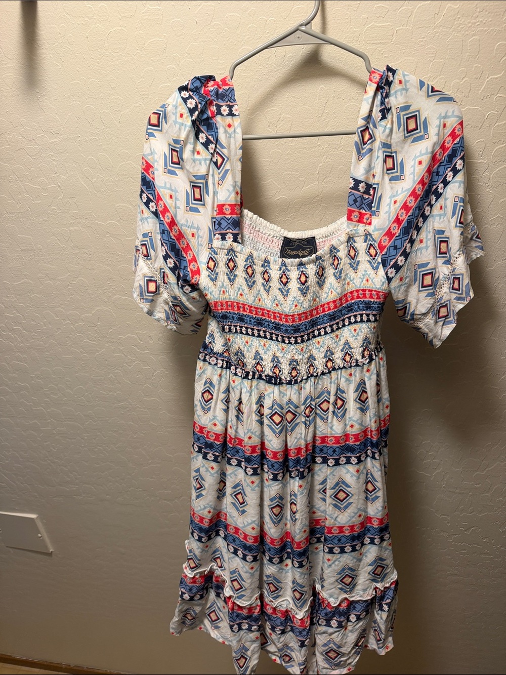 Threaddgrit Dress - White with Blue & Red Tribal Print